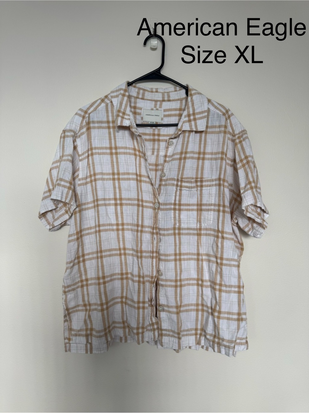 American Eagle Outfitters White and Beige Plaid Short-Sleeve Button-Up Shirt
